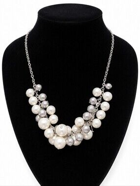 Massini Silver Tone Faux Pearl Statement Necklace Elegant Cluster Bib Fashion